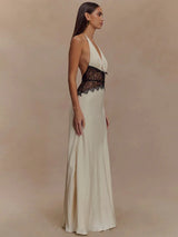 Mozision Summer Backless Sexy Maxi Dress Women Gown Patchwork Lace Halter Deep V Neck Sleeveless High Waist Elegant Long Dress
