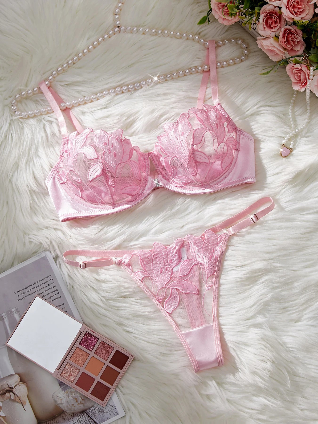 Floral Embroidery Sexy Lingerie Set Women Transparent Bralette Underwire Push Up Bra Panty 2 Piece Set