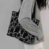 Cute Cat Shopper Handbags Shoulder Fashion Canvas Casual Shopping Girls Women Graphic Tote BagJapanese Cartoon Small Shoulder