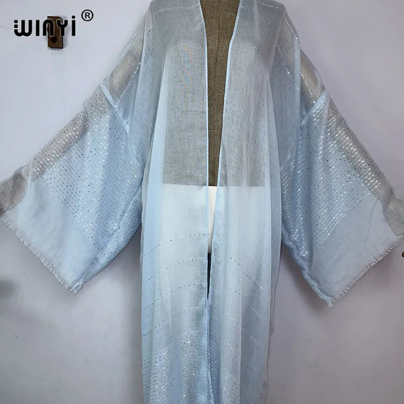 WINYI 2023 Women Bohemian Gold Thread Monochrome Elegant Casual Dress African Cardigans Outerwear For Women Summer Sexy Kimono