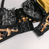 Sexy Wild Leopard Printed Lace Patchwork Lingerie Set Women Comfortable Three Piece Bra and Panty Set Female Exotic Apparel Suit