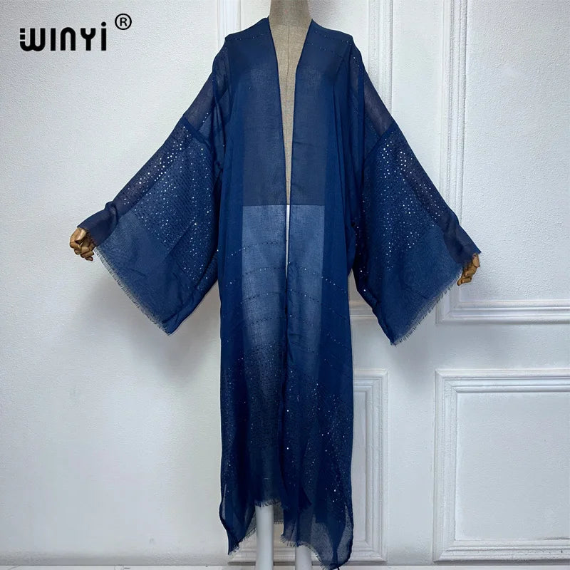 WINYI 2023 Women Bohemian Gold Thread Monochrome Elegant Casual Dress African Cardigans Outerwear For Women Summer Sexy Kimono