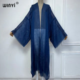 WINYI 2023 Women Bohemian Gold Thread Monochrome Elegant Casual Dress African Cardigans Outerwear For Women Summer Sexy Kimono