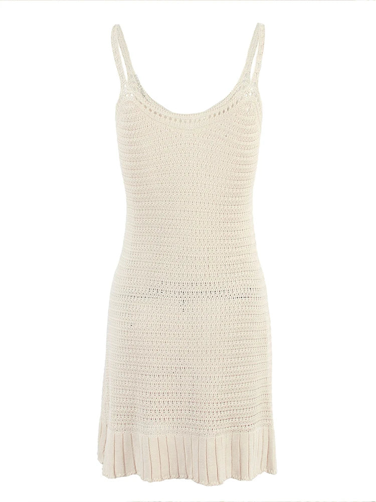 Sexy Crochet Halter V Neck Chic Ruffle Knit Beach Mini Dress 2026 Women Comfy Swimsuit Cover Up Seaside Holiday Club Dresses K58