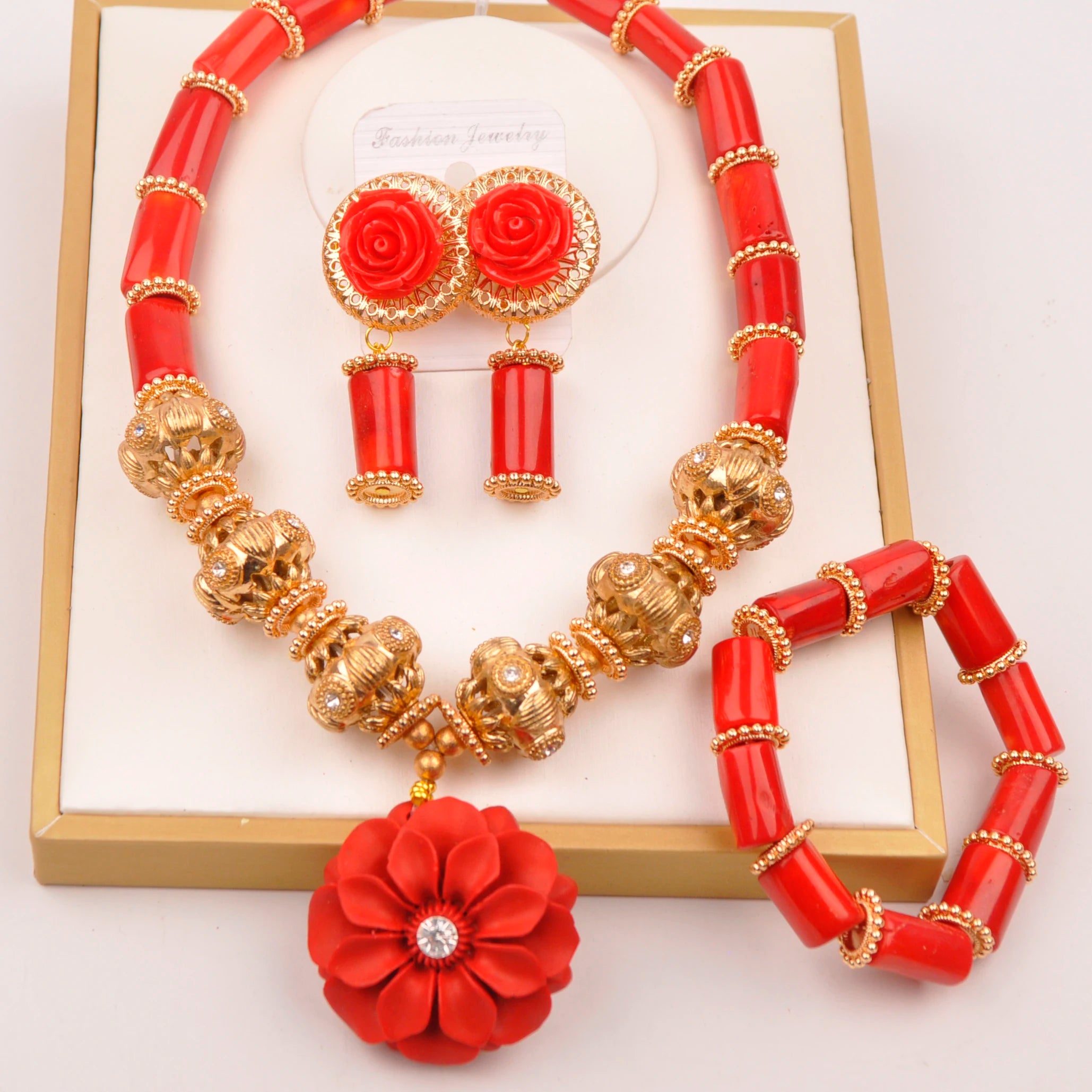 32inches 2Layers orange artifinal nigerian coral bead jewelry set wedding