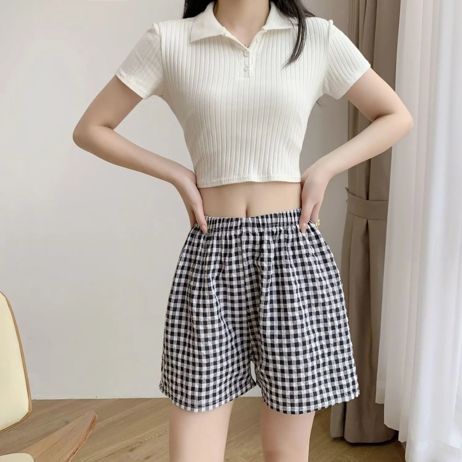 Summer Home Shorts Women's High Waisted Slimming Wide Leg Pants Sports Casual Pants Loose Plaid Pajama Pants