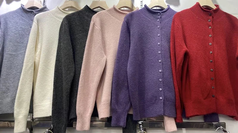 New Soft Comfortable Stand-Up Collar Sweater Cardigan Women Simple Single Breasted Cardigans Coat Autumn Solid Knitted Outerwear