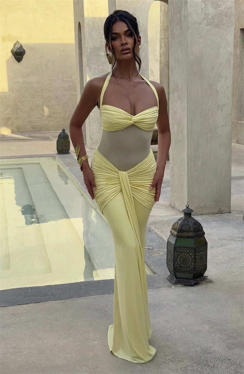 Mozision Halter Backless Sexy Maxi Dress Women Fashion Patchwork Off-shoulder Sleeveless Ruched Draped Bodycon Club Party Dress