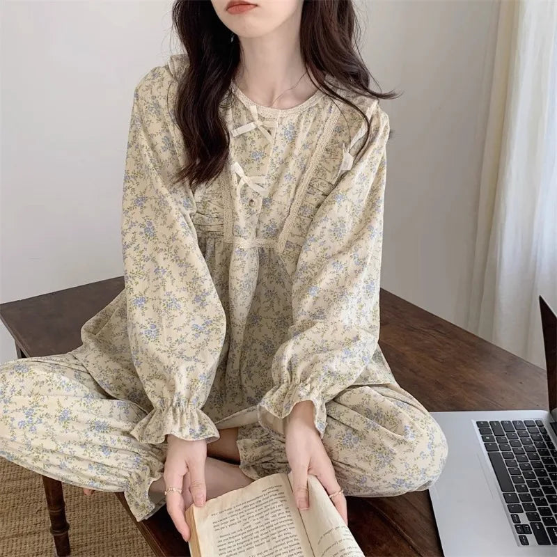 Four Seasons Can Wear Korean Style Floral Women's Pajamas Tops and Pants Summer Student Sleepwear Homewear Girl Sweet Nightwear