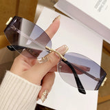 Rimless Oval Sunglasses Women UV400 Oversized Gradient Black Lenses Metal Frame Punk Decorative Glasses Men Goggles Female