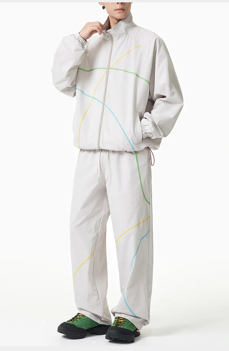 Unisex 2‑Pieces Tracksuit Set Color Contrast Stitching Stand Collar Zip‑Up Jacket Wide Leg Pants Windproof Outdoor Hiking Set