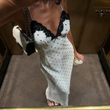 Tossy Lace V-Neck Patchwork Maxi Dress Women Backless High Waist Slim Spaghetti Contrast Party Dress Female Spring Long Dress