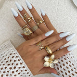 Bohemian Vintage Gold Color Open Joint Ring For Women Vacation Beach Style Flower Starfish Knuckle Rings Set Jewelry