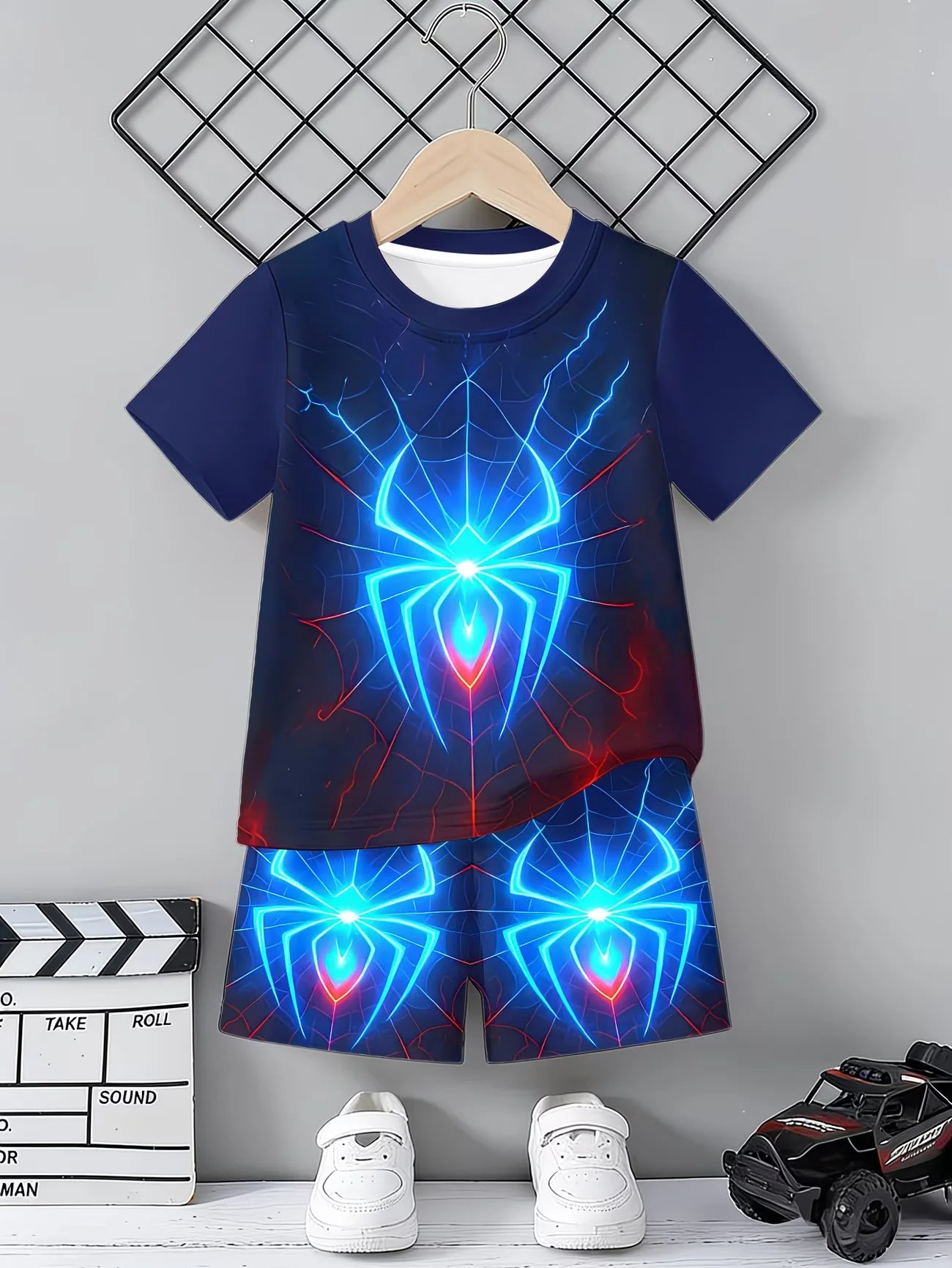 Boys 2Pcs Summer Outfit Spider Print Short Sleeve T-Shirt + Shorts Set Red Blue Casual Sportswear Kids Streetwear Tracksuit