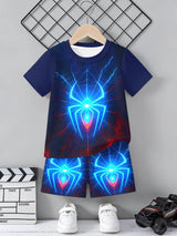 Boys 2Pcs Summer Outfit Spider Print Short Sleeve T-Shirt + Shorts Set Red Blue Casual Sportswear Kids Streetwear Tracksuit