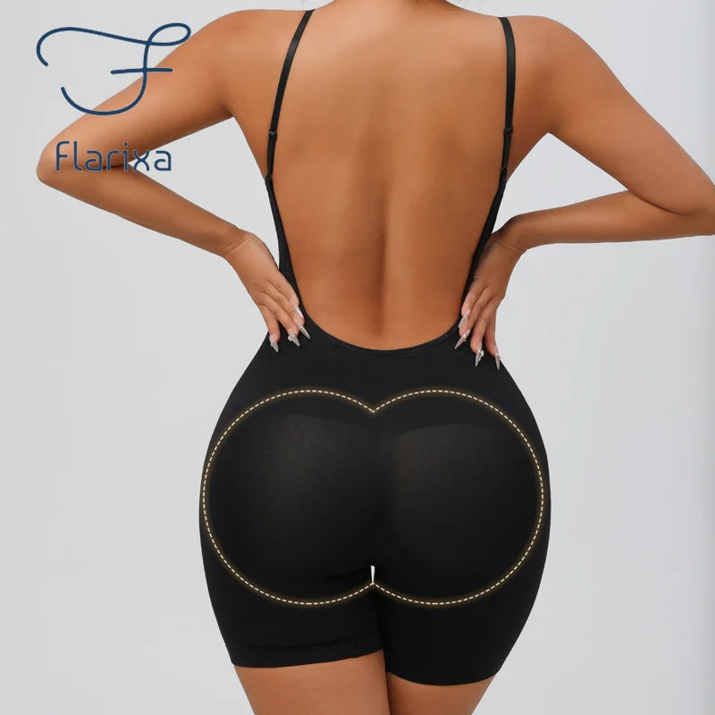 Flarixa Women's Low Back Seamless Bodysuit Tummy Control Hip Lifter Full Body Shaper Backless Shapewear Jumpsuit Slim Corset