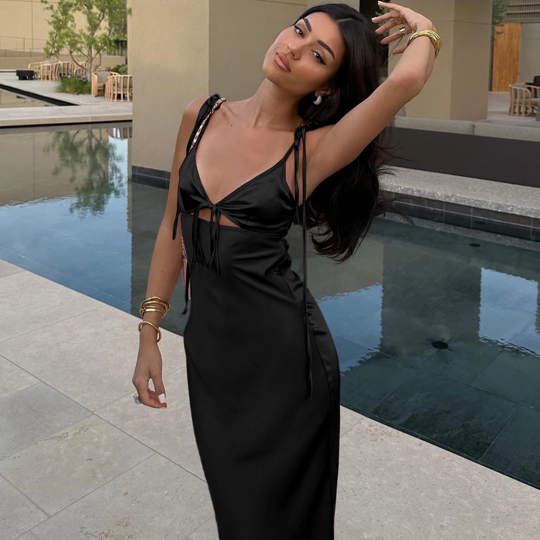 Dulzura Backless Lace Up Spaghetti Straps Cut Out Midi Dress Women Club Holiday Evening Party Dresses Y2K Clothes Drop Shipping
