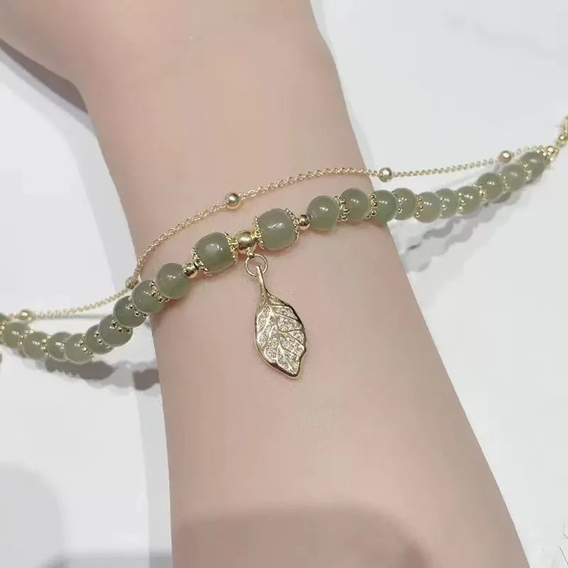 Luxury Love Gold Hotan Jade Lady Bracelet, Leaf Love Double Layer Girl Bracelet Jewelry Gifts