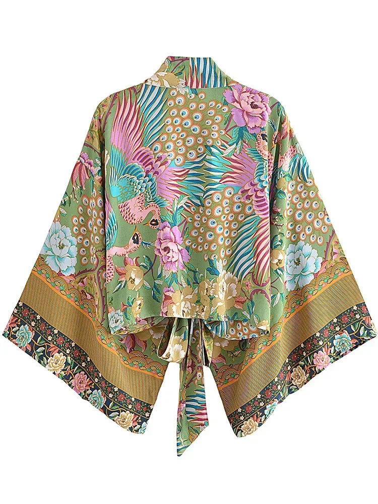Boho Queens Peacock Short Robe Kimono Swimsuits Women Fashion Floral Batwing Sleeves Rayon Bohemian Bikini Cover Ups Beachwear