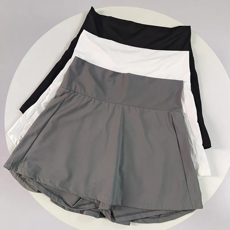 Women's High Waisted Cooling Ice Silk Skort - Quick-Dry, Anti-Exposure, Side Pockets, UV Protection for Yoga Running Fitness