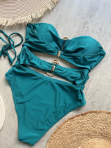 3 Colors Sexy Metal Rings Cut Out Women Swimwear One Piece Swimsuit Female Bandeau High Leg Cut Bather Bathing Suit Swim B022D