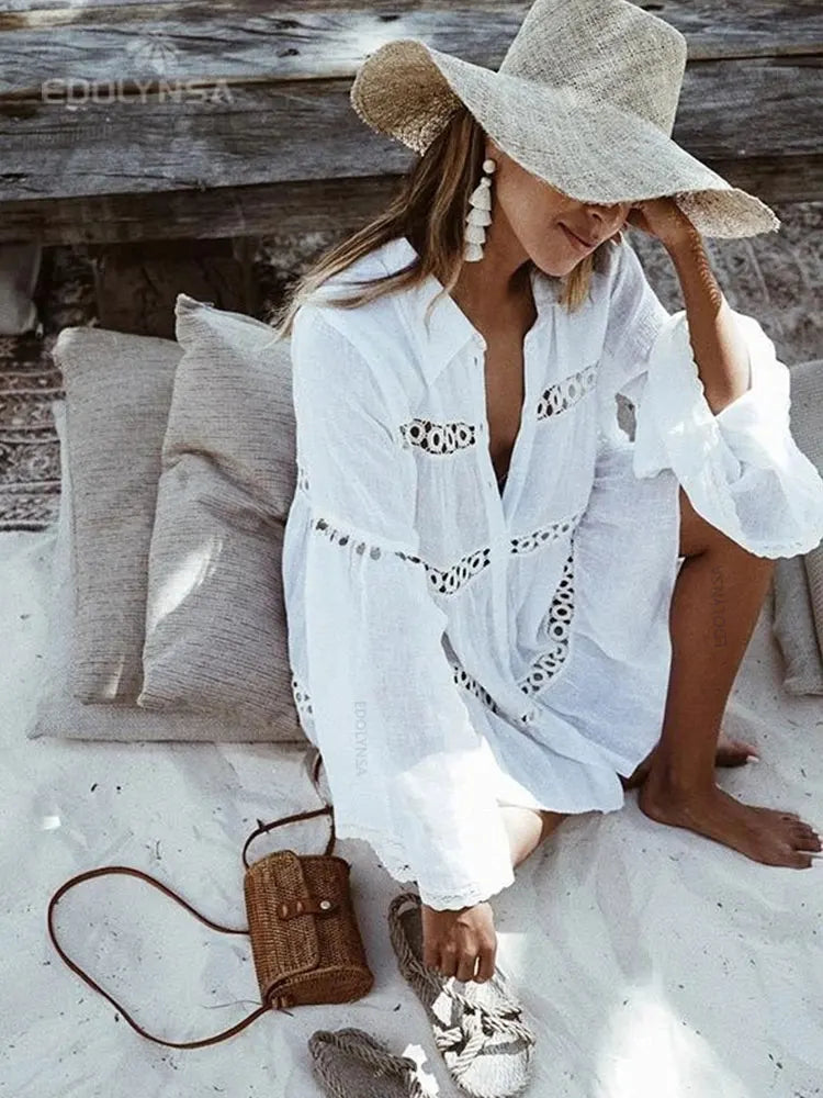 New Cover-ups 2023 Sexy V-neck Summer Beach Dress Tunic Women Casual Beachwear Swimsuit Cover Up Sarong Plage N771