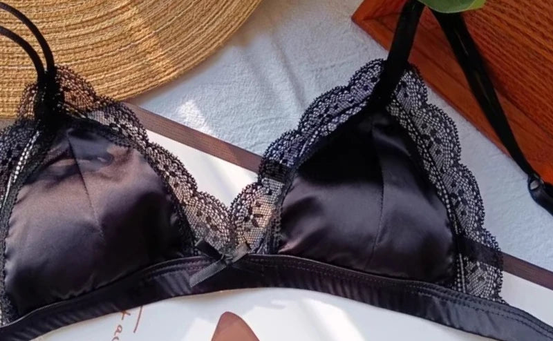 French Style Bralette No Underwire, Sexy Lace Trim Small Cup Lingerie, Cute 3-Piece Bra Set with Comfort Cup Shape Design S-xl