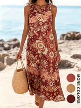 2026 Women's Sleeveless Bohemian Floral Casual Beach MIDI Sundress With Pockets Flowing and Loose Sweetheart Rustic Country