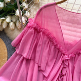 SINGREINY Chic Ruffles Splice Chiffon Blouse V Neck Flared Sleeve Loose Tops 2025 Fashion Solid Fairycore Vacation Women Shirt