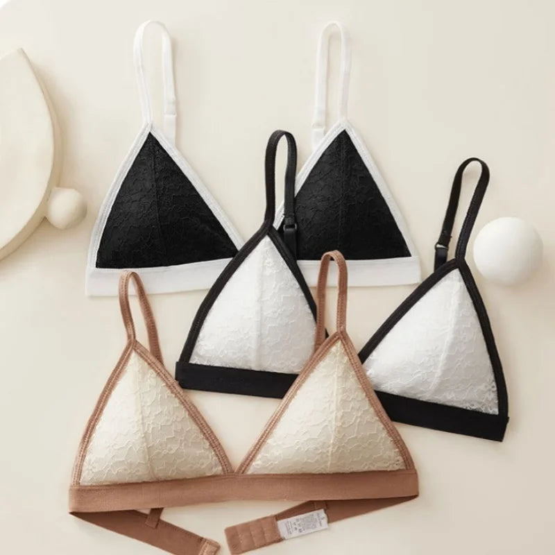 Women Triangle Bra and Panties Set Sheer Floral Lace Bralette Low-Rise Briefs Sexy Lingerie Set Removable Pads Ladies Underwear