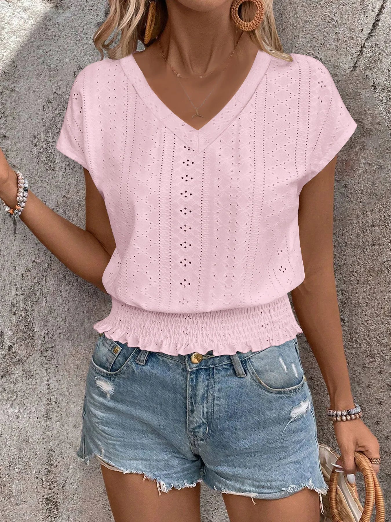 2025 Spring Summer New Fashion Blouses Solid V-Neck Jacquard Hollow-Out Smocking Short-Sleeve Shirts Fashion Casual Women's Tops