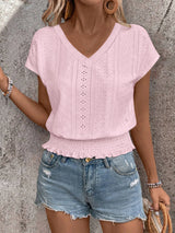 2025 Spring Summer New Fashion Blouses Solid V-Neck Jacquard Hollow-Out Smocking Short-Sleeve Shirts Fashion Casual Women's Tops