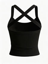 Low-Neck Vest Women Cross Shoulder Strap Solid Skinny Stretch Sexy Midnight Hottie Beach Party Sporty Basis Tops