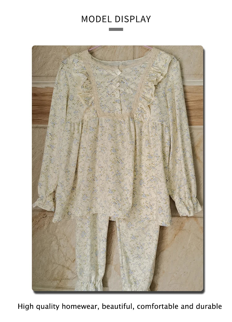 Four Seasons Can Wear Korean Style Floral Women's Pajamas Tops and Pants Summer Student Sleepwear Homewear Girl Sweet Nightwear