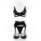 Sexy Hollow Out Leather Lingerie Set Women's Solid Simple Three Piece Underwear Set Female Sujetadores Transparente Para Mujeres