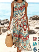 2026 Women's Sleeveless Bohemian Floral Casual Beach MIDI Sundress With Pockets Flowing and Loose Sweetheart Rustic Country