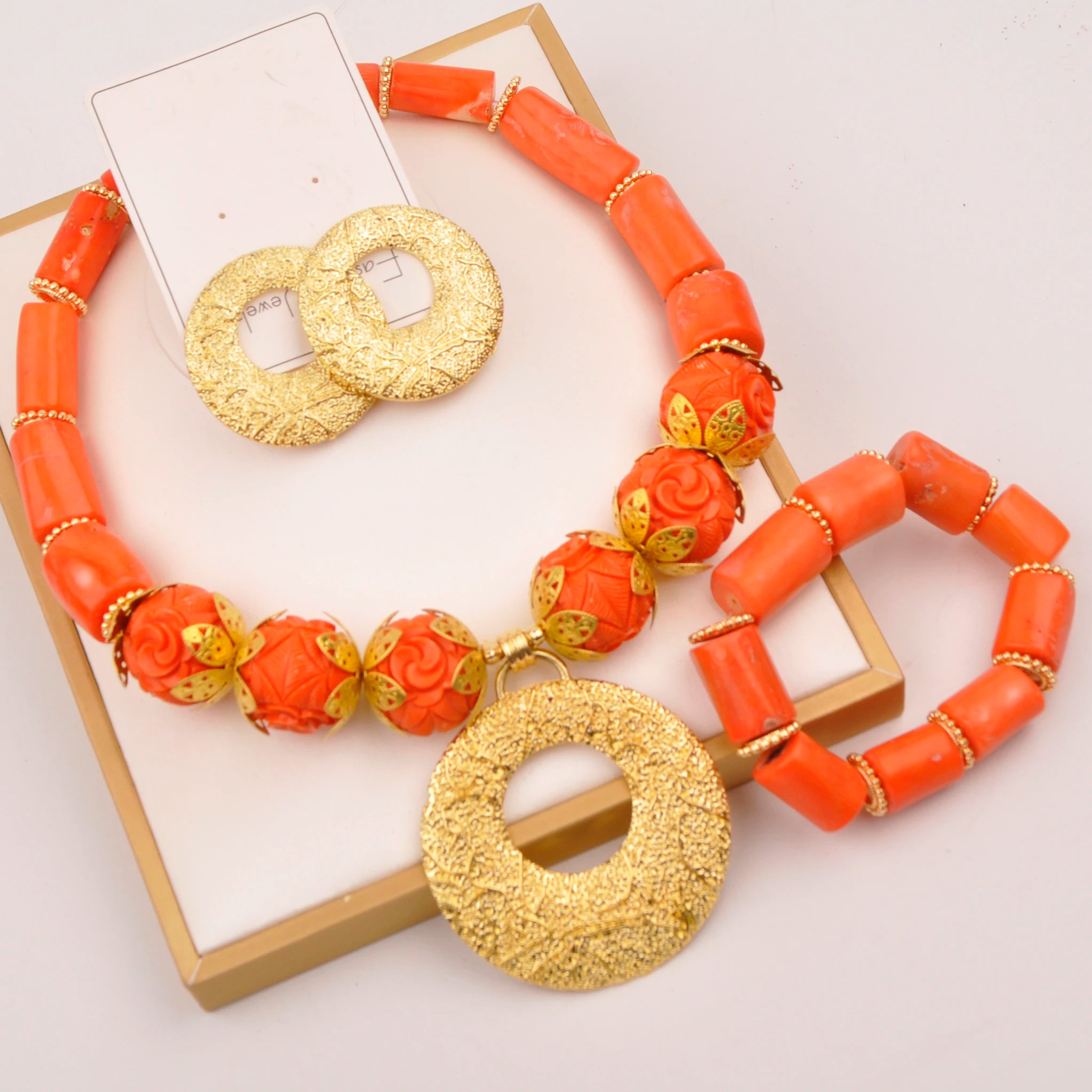 32inches 2Layers orange artifinal nigerian coral bead jewelry set wedding