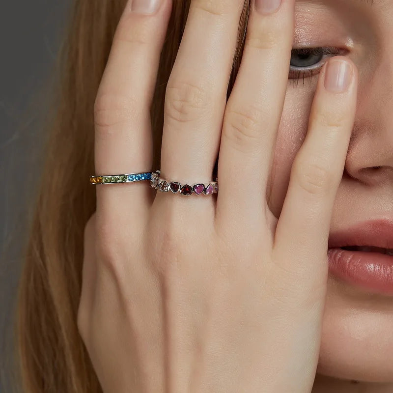 ALLNOEL Rainbow Band Ring for Woman Pure 925 Sterling Sliver 5A Zircon Eternity Fine Jewelry Colorful Engagement Birthday Gifts