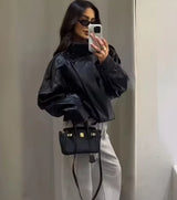 Women's Jacket 2026 Autunm  New Black Long Sleeve Pebble Faux Leather Jacket Motorcycle Style Personality Fashion