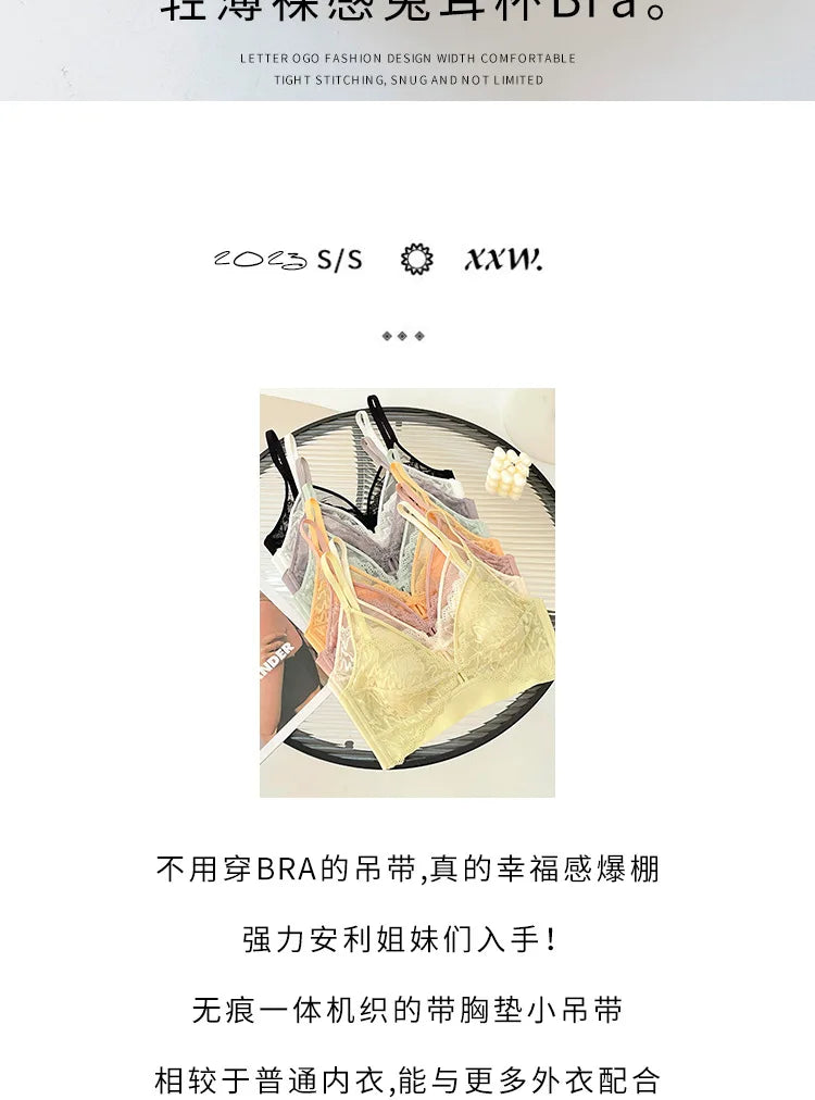 Sexy Lace Crop Top Deep V Backless Camisole Hollow Mesh Bra Female Solid Color Seamless Underwear Removable Chest Pad Tank Top