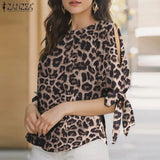ZANZEA Summer Leopard Printed Blouse Women Elegant Half Sleeve Work Shirt Fashion Lace Up Holiday Tops Bohemian Stylish Blusas