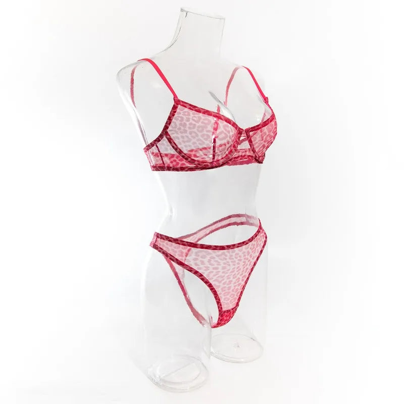 Toucheart 2-Piece Sexy Leopard Print Lingerie Set Bra Women Hollow Sexy Lingerie Thin Mesh Patchwork Print See-Through Sexy Set