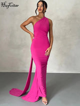 Hugcitar One Shoulder Backless Adjustable Scarf Loop Ruched Sexy Maxi Dress Women Elegant Y2K Streetwear Festival Outfit