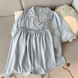 Youth Men's Slim Fit New Pajama Set Solid Color Short Sleeve Lapel Top and Elastic Shorts Pajamas Summer Loungewear Sleepwear