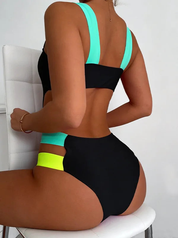 Sexy Black Contrast One Piece Swimsuit 2026 Women Neon Strap Hollow Out Backless Monokini Summer Bathing Suit Patchwork Swimwear