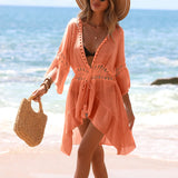 Lightweight Breathable Tassel Tie Up Cardigan, Beach Vacation Bikini Cover-Up Dress, Sexy Fitted Style, Plain Pattern