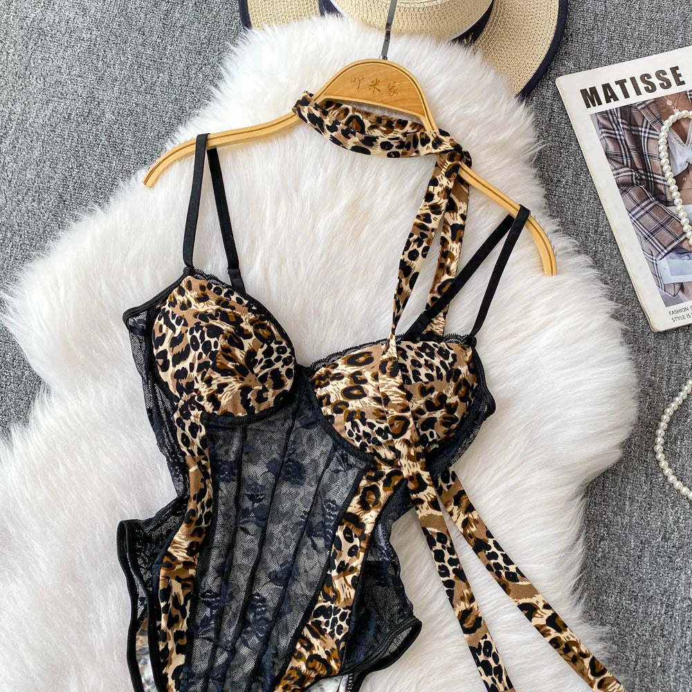 Women Hotsweet V-neck leopard slim  Vintage Straps Bodysuits Chic lace Jumpsuits Slim Top Clothing
