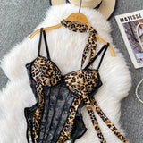 Women Hotsweet V-neck leopard slim  Vintage Straps Bodysuits Chic lace Jumpsuits Slim Top Clothing