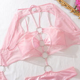 MUZISKAT Summer Pink Sexy Tight Solid Color Dress Women's Hollow Mini Skirt Nightclub Party jumpsuit 3-piece Set