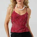 Summer Women Y2k Sequin Halter Crop Tops Pearl Embellished Cami Tops Summer Glitter V Neck Rhinestone Camisole Tank Shirt